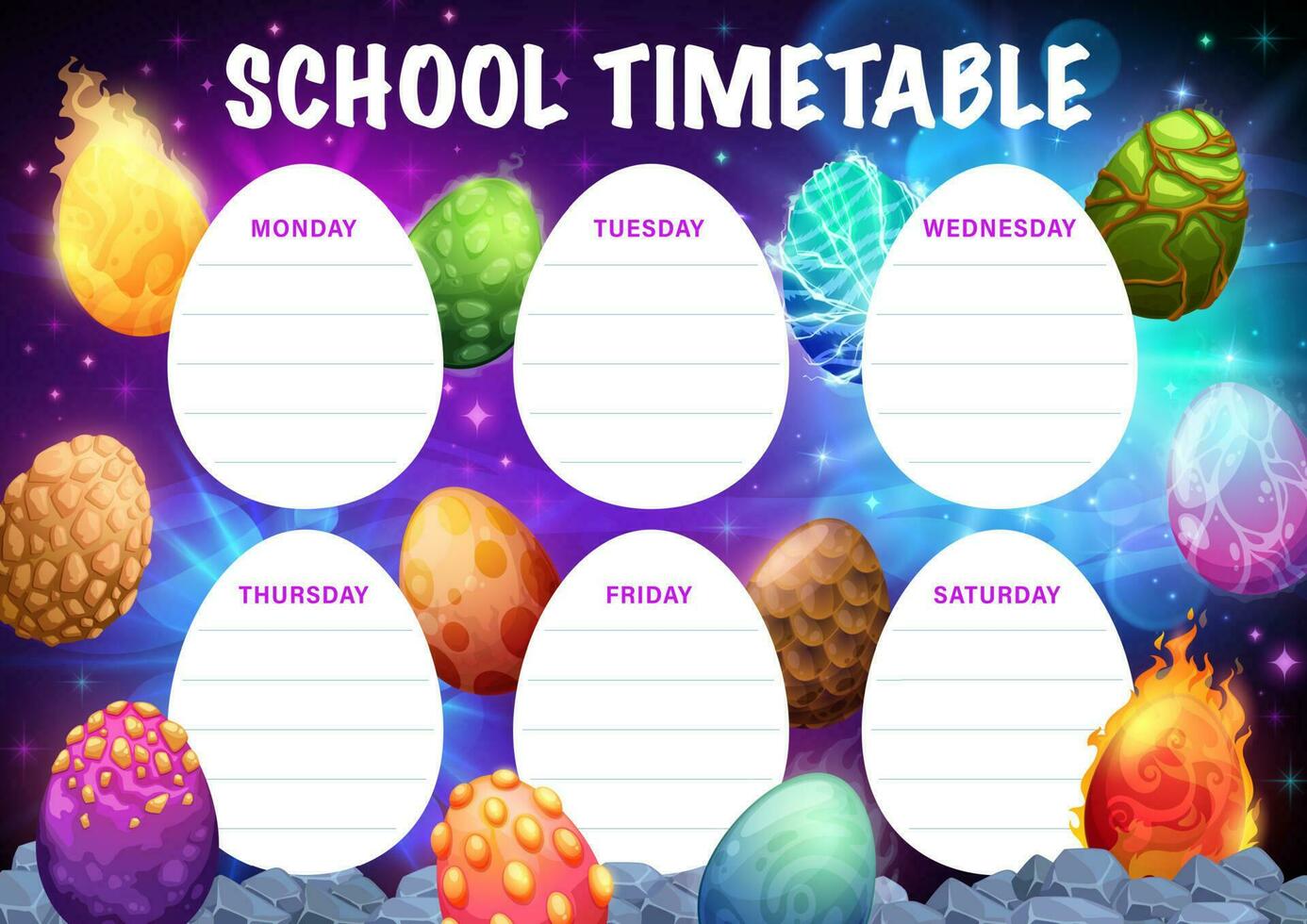 School timetable schedule, fantastic dinosaur eggs vector