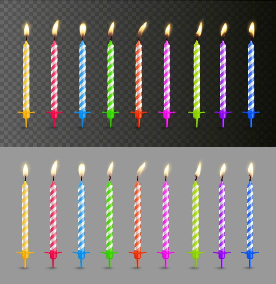 Birthday cake candles, candlelight fire flames vector