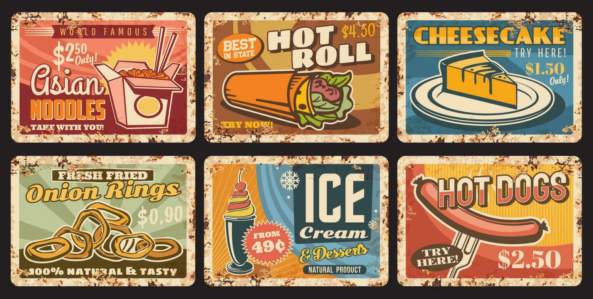 Fast food metal plates rusty, sandwiches, hot dogs vector