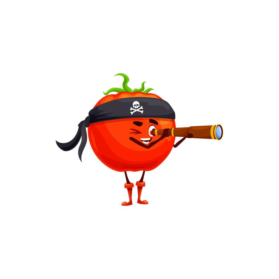 Red tomato cartoon pirate emoticon with spyglass vector