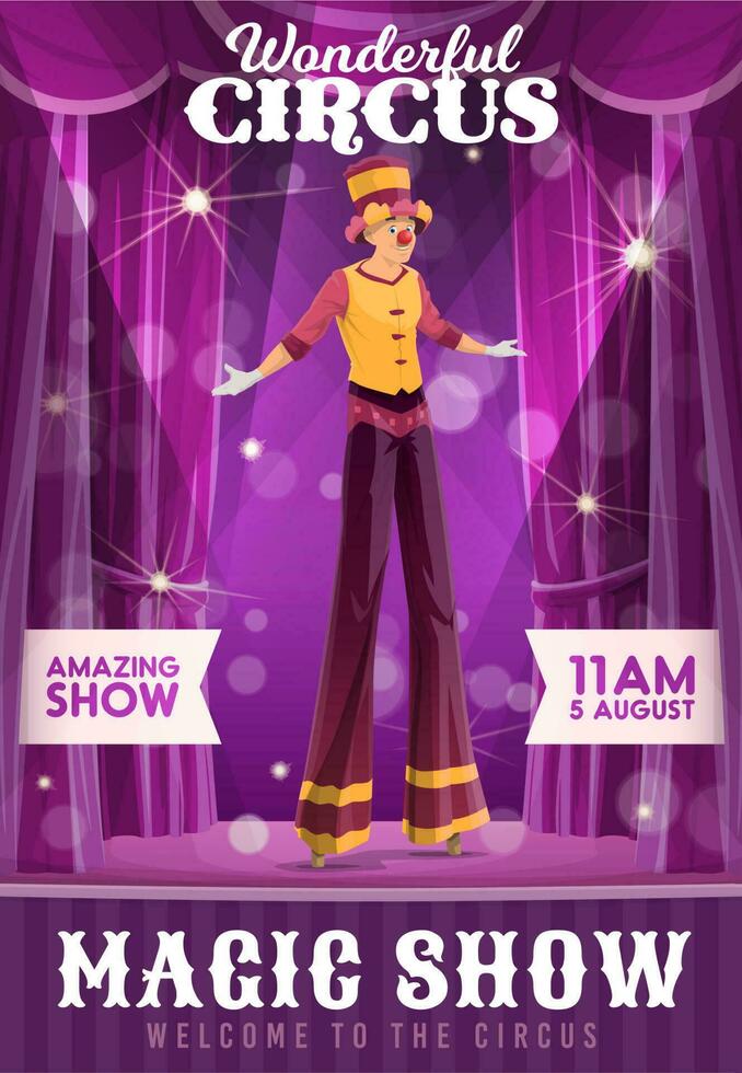 Shapito circus poster, cartoon stilt walker show vector