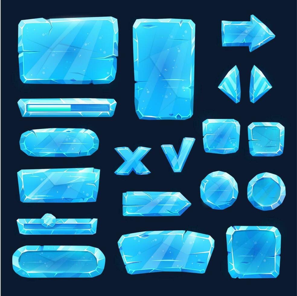 Game asset blue ice icons, sliders, arrows or keys vector