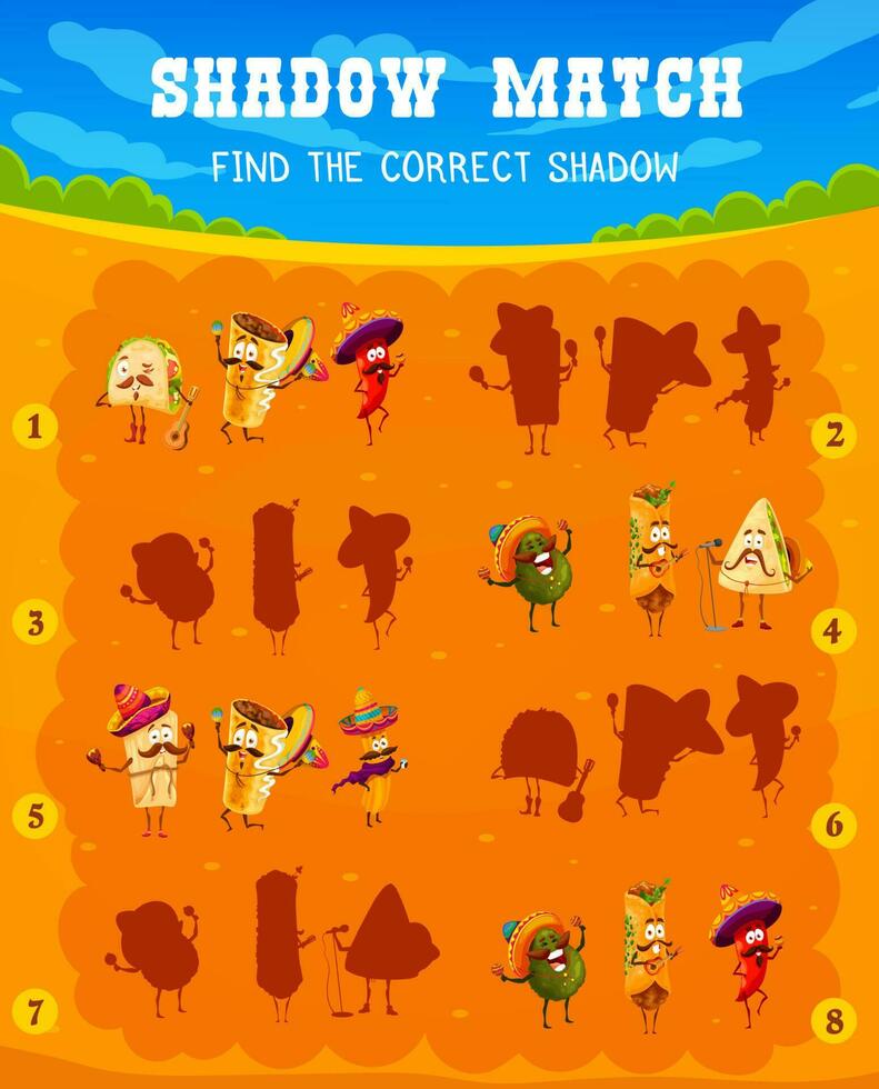 Kids find shadow game, cartoon funny Mexican food vector