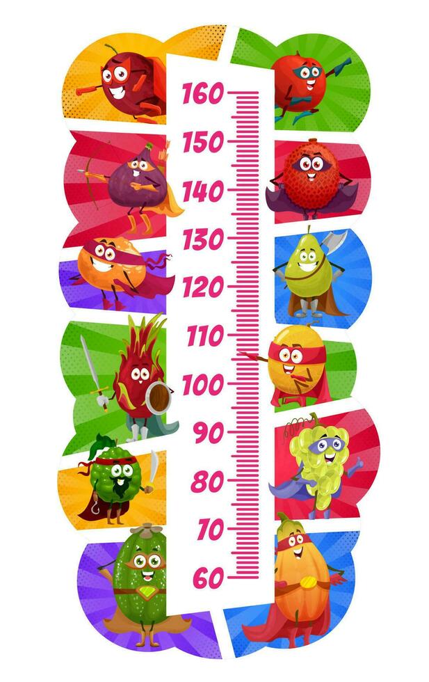 Kids height chart cartoon fruit superheroes vector