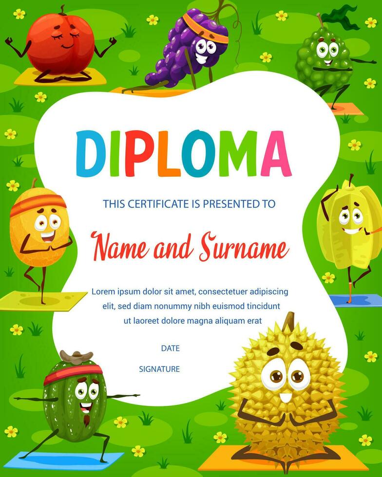 niños diploma, dibujos animados Durian y carambola frutas vector