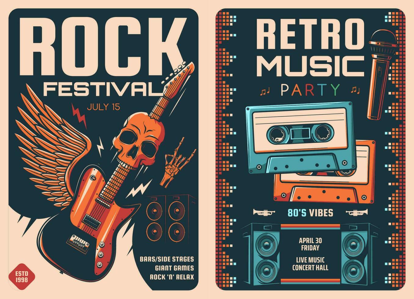 Rock festival and retro music party posters vector