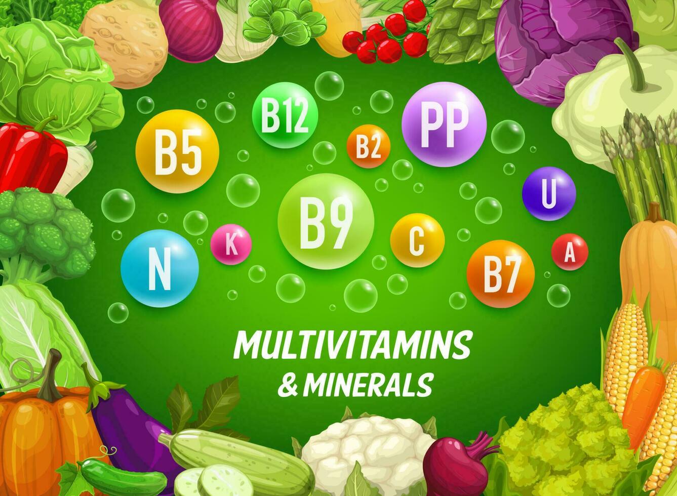 Multivitamins and minerals in farm vegetables vector