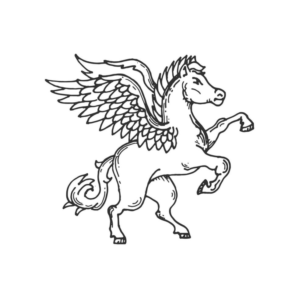 Pegaso medieval heráldico caballo animal bosquejo vector