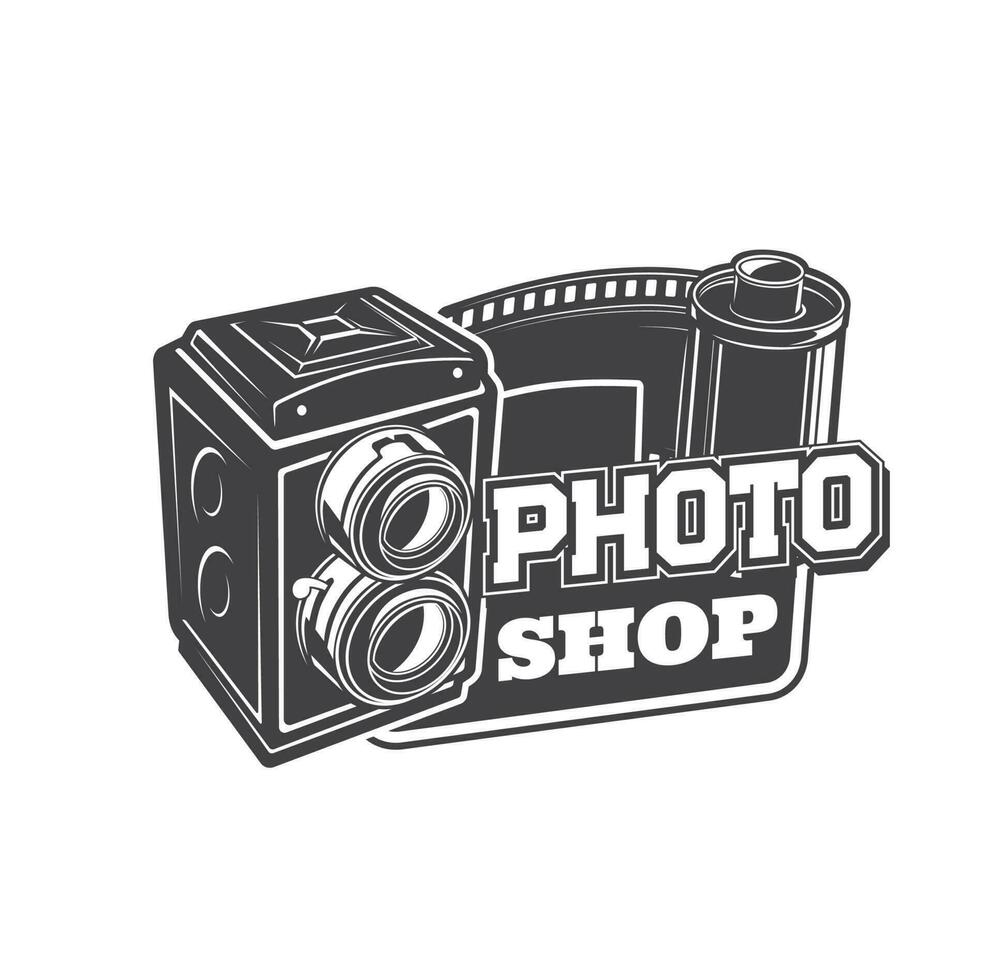 Photo camera shop, atelier monochrome vector icon