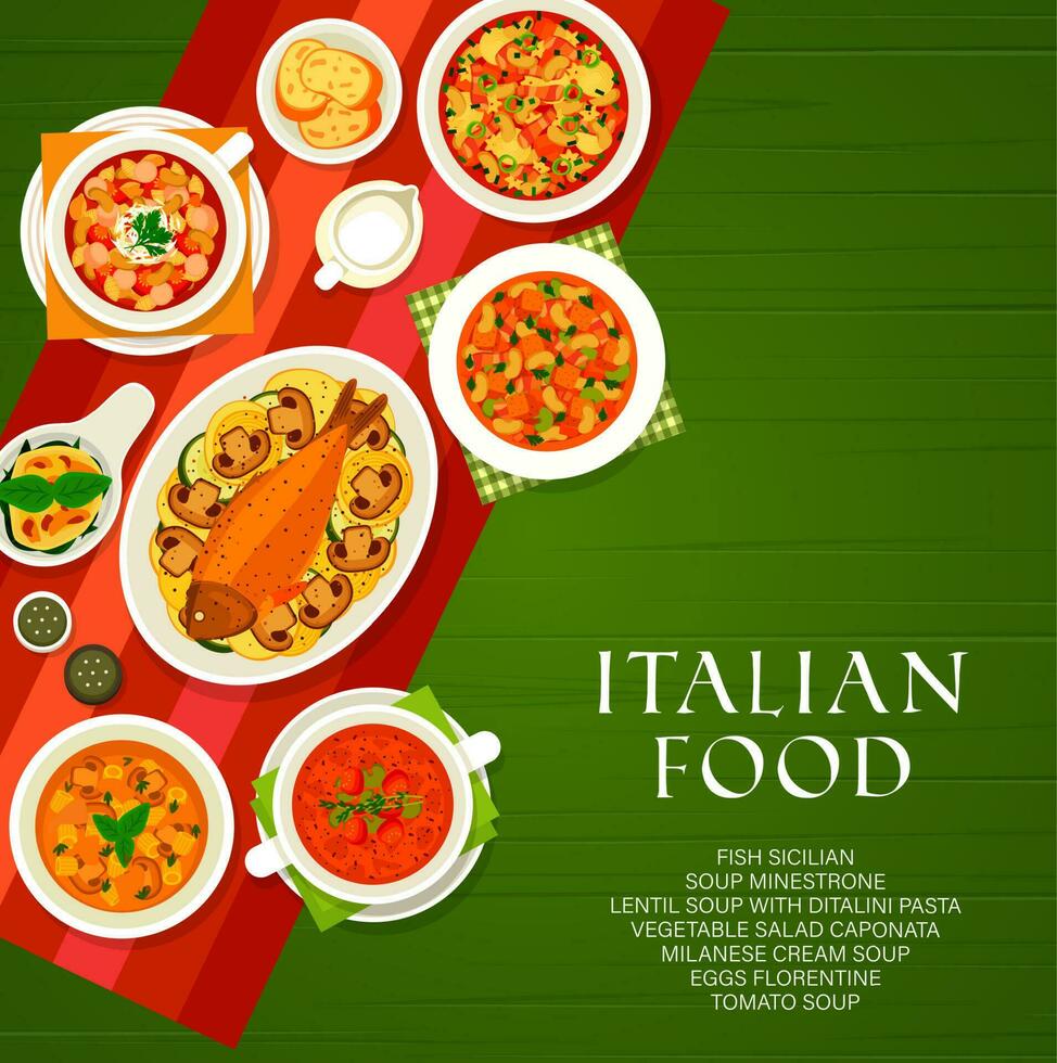 Italian cuisine, Italy food cartoon vector poster
