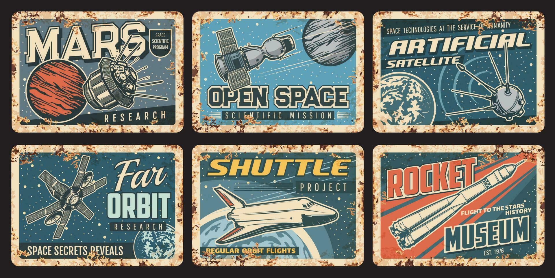 Galaxy spaceships, space satellites rusty plates vector