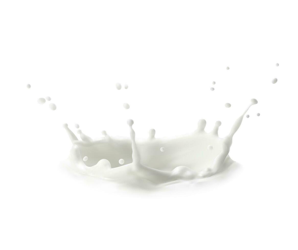 Milk crown splash, splatters and whit milky drops vector