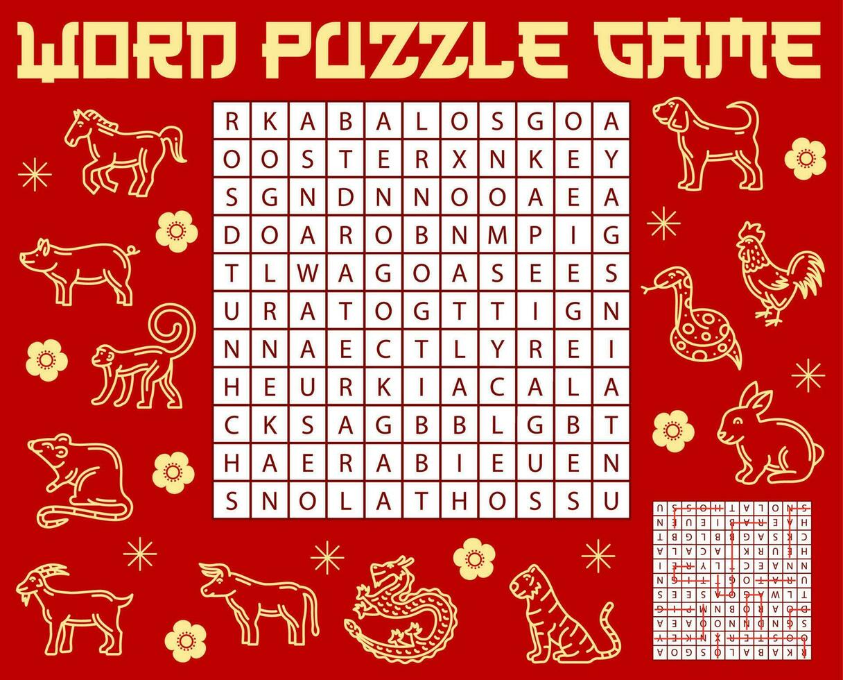 Chinese horoscope animals, word search puzzle game vector