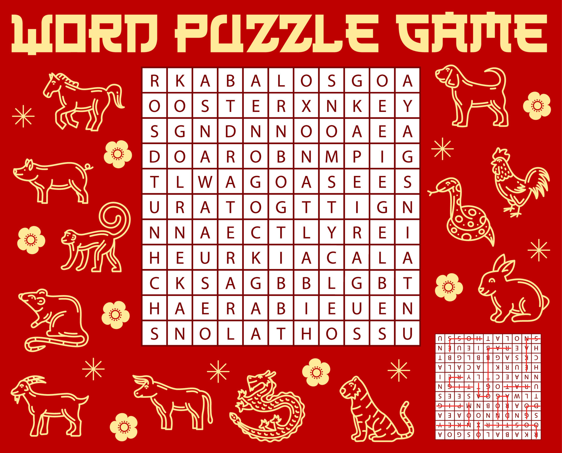Chinese Horoscope Animals Word Search Puzzle Game 23518336 Vector Art 