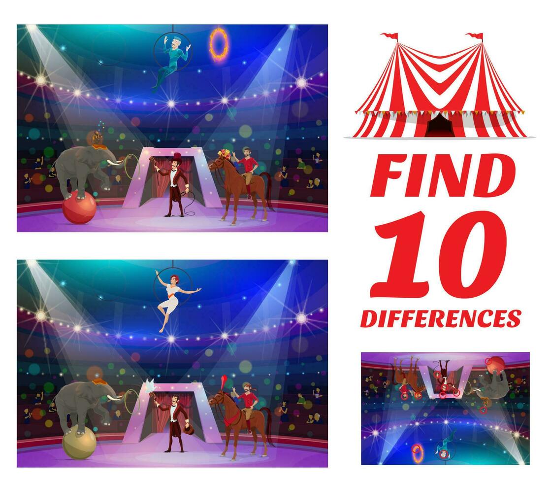 niños enigma juego, encontrar diferencias shapito circo vector