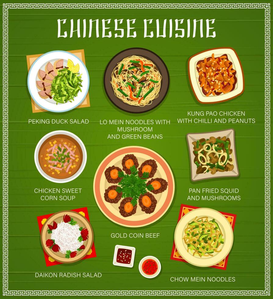 Chinese food menu, China cuisine and Asian dishes vector