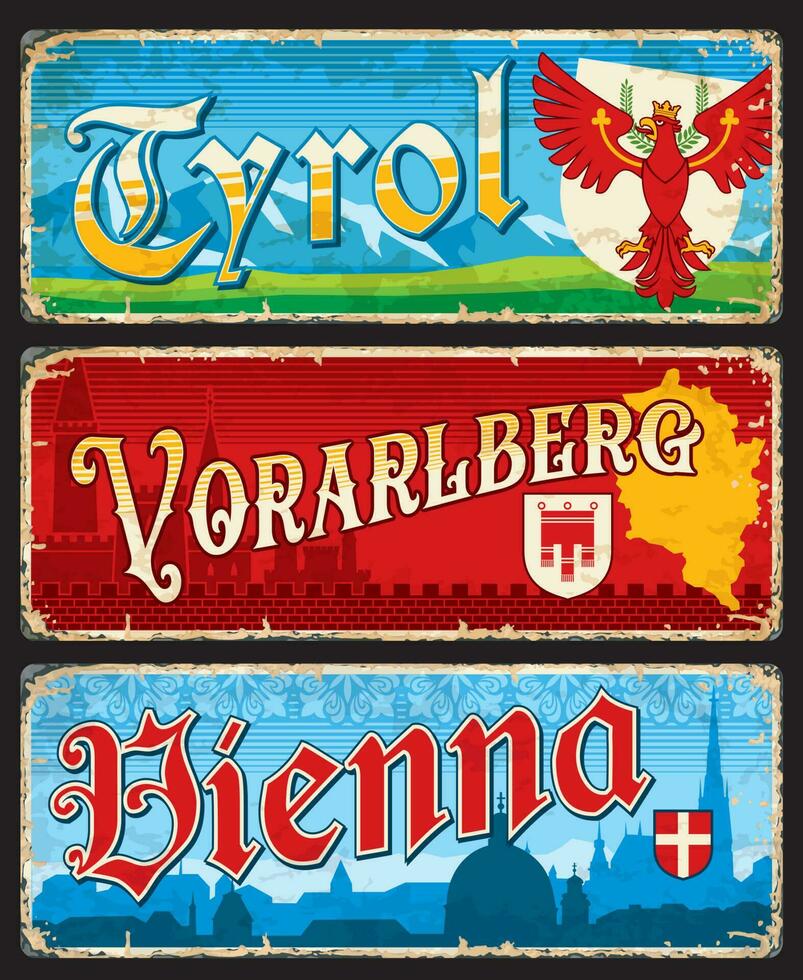 Tyrol, Vienna, Vorarlberg austrian regions plates vector