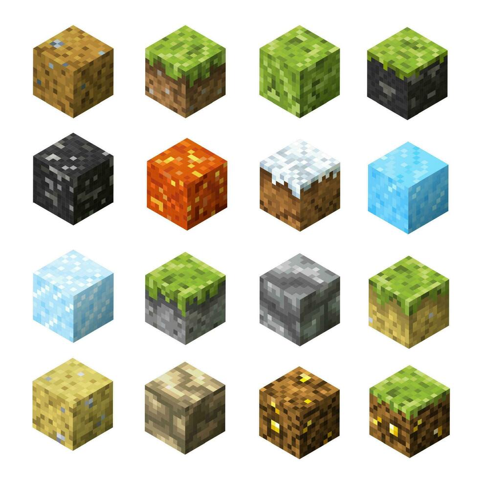 Pixel game blocks of grass, stone, ice and water vector