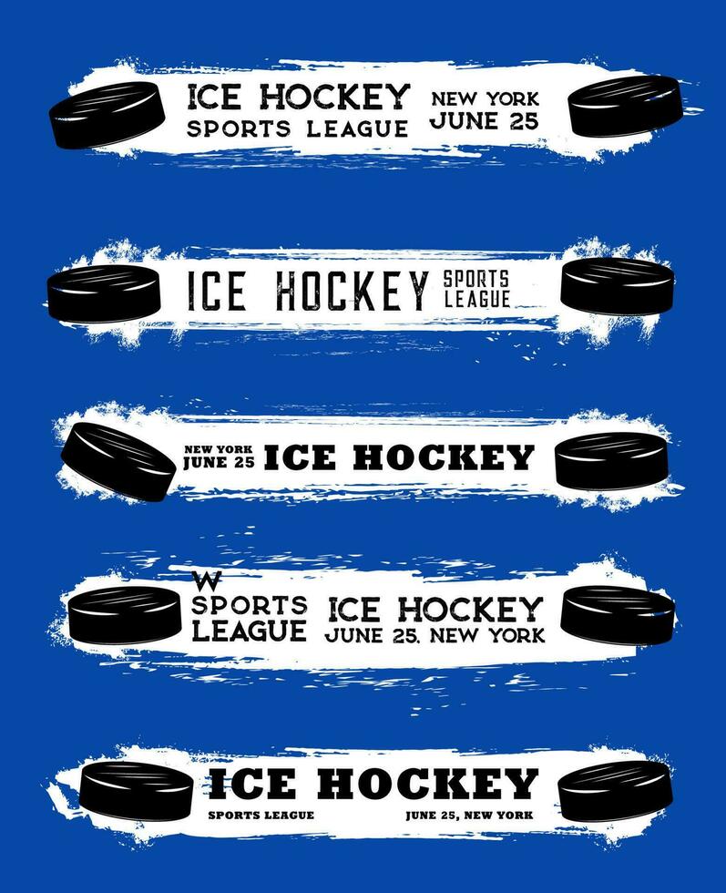 Ice hockey sport banners, grunge blobs and puck vector