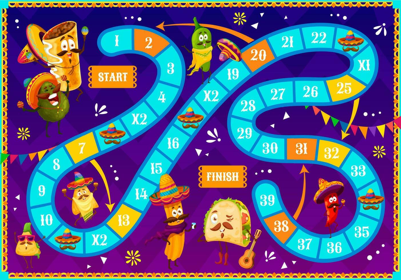 Board game with cartoon mexican food characters vector