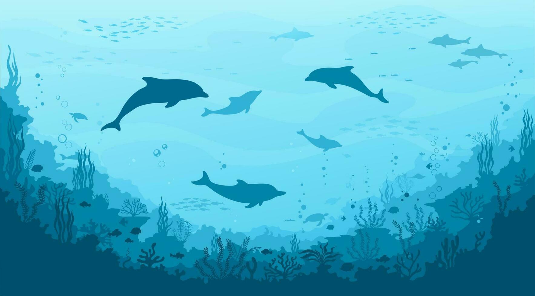 Underwater landscape with dolphin silhouettes vector