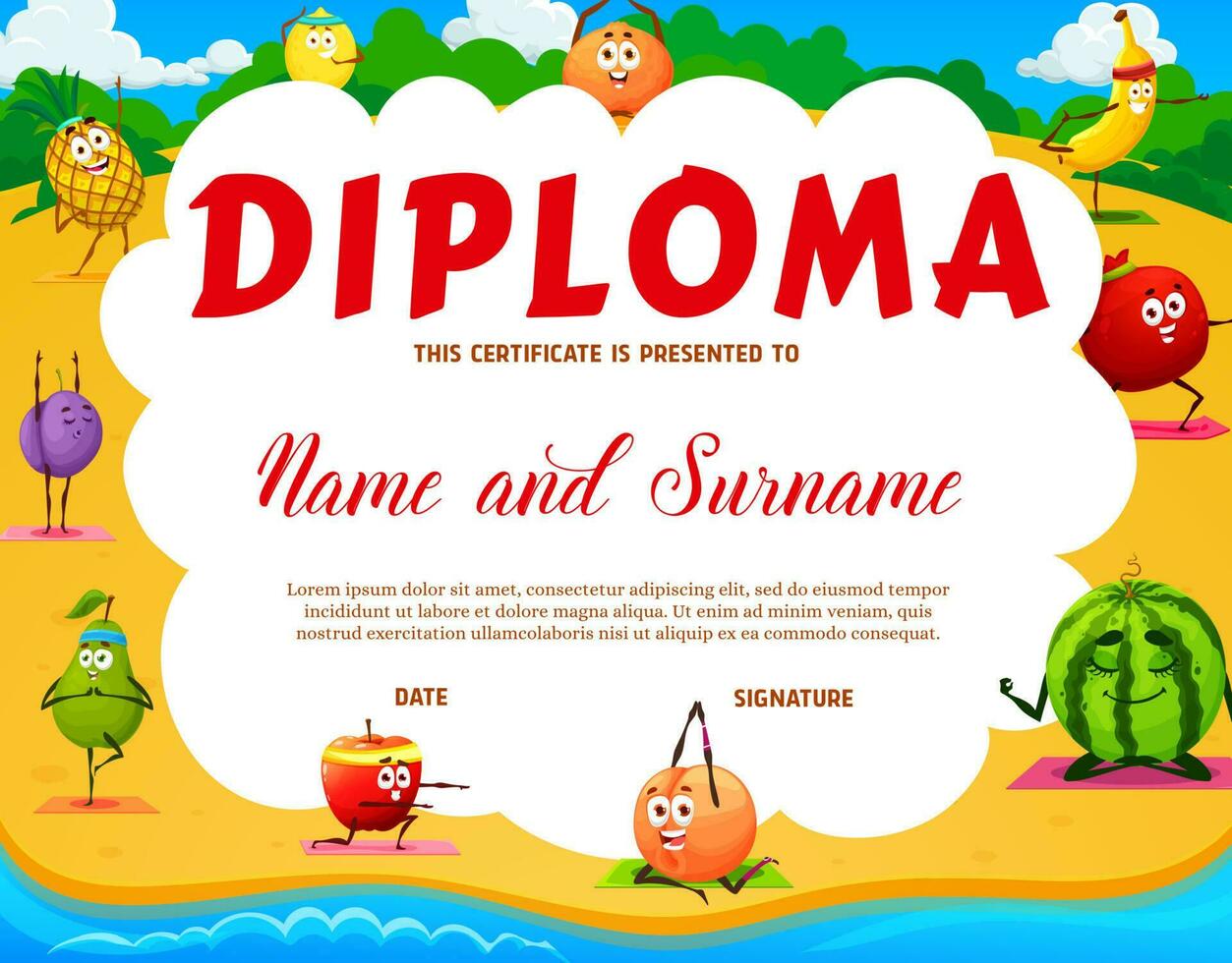 Kids yoga diploma, cartoon fruits characters yoga vector