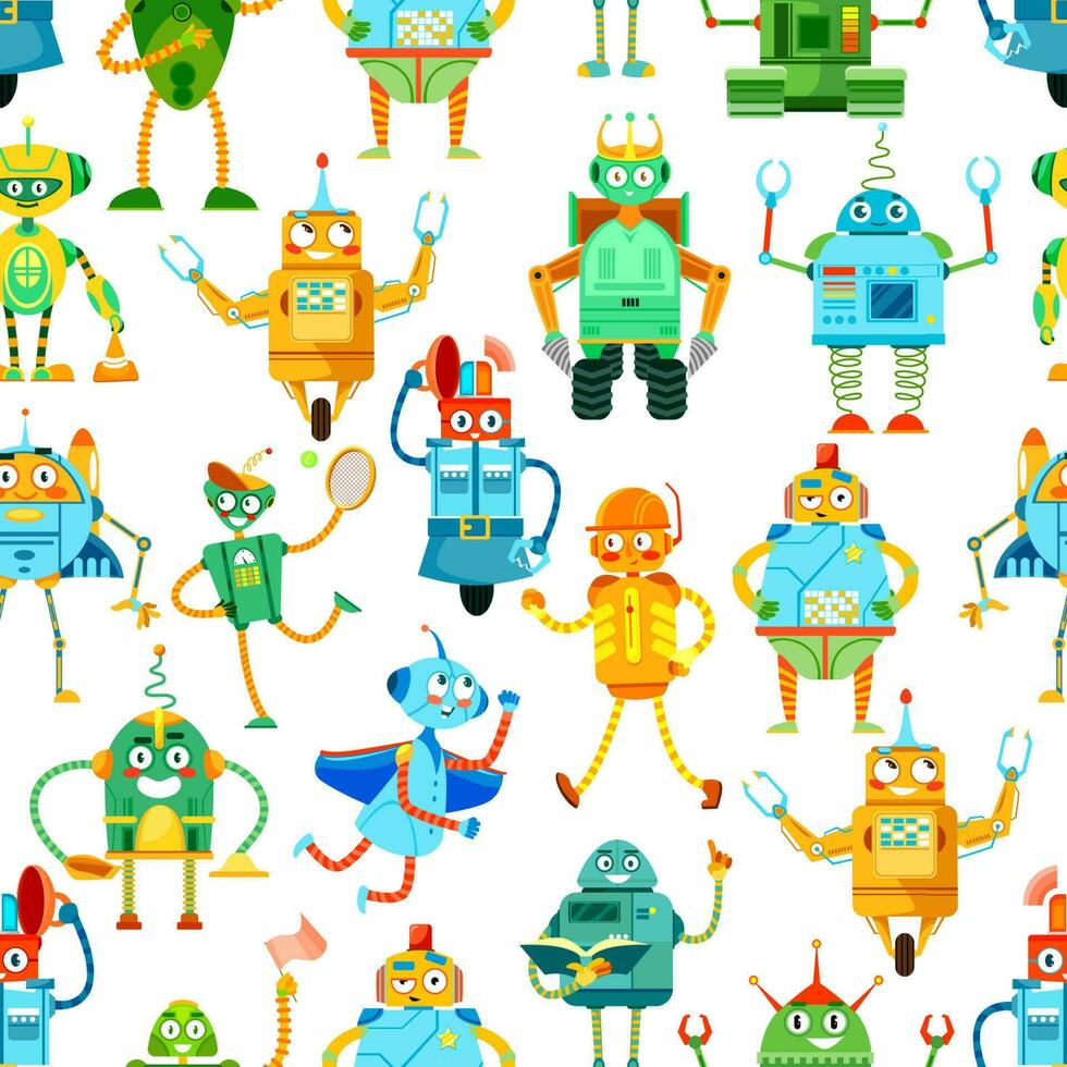 Cartoon robots, cyborg droids pattern background vector