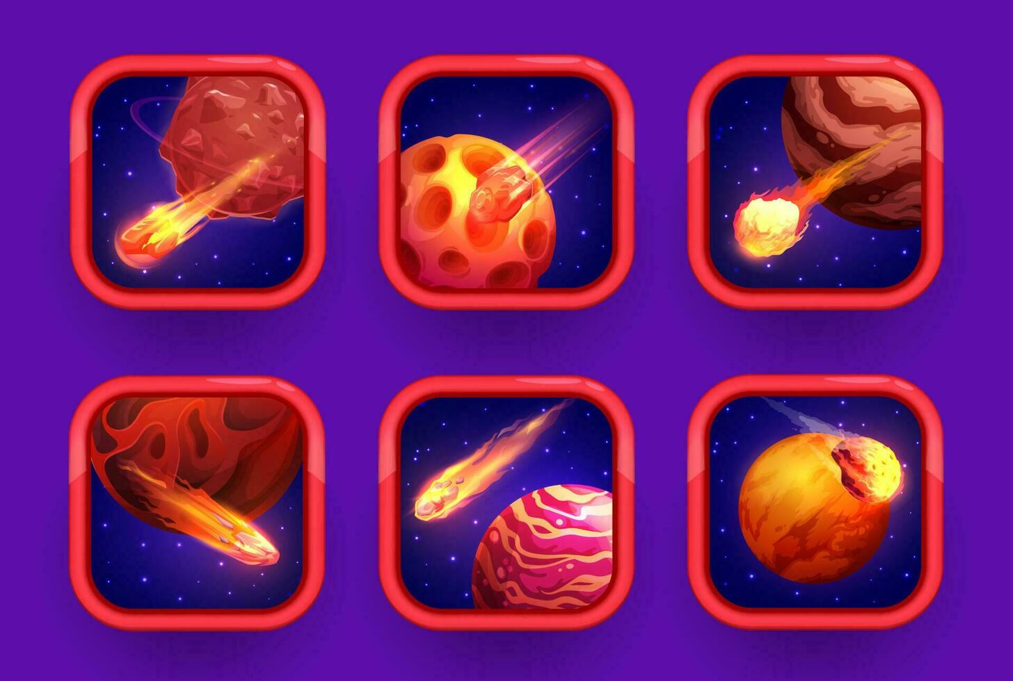 dibujos animados espacio juego aplicación iconos, rojo planetas vector