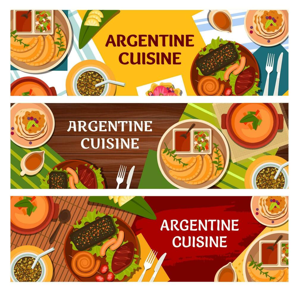 argentino cocina pancartas, carne platos, vegetales vector