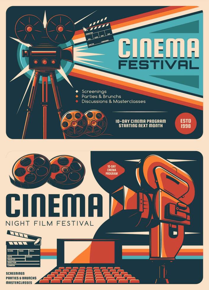 película película festival retro carteles, cine noche vector