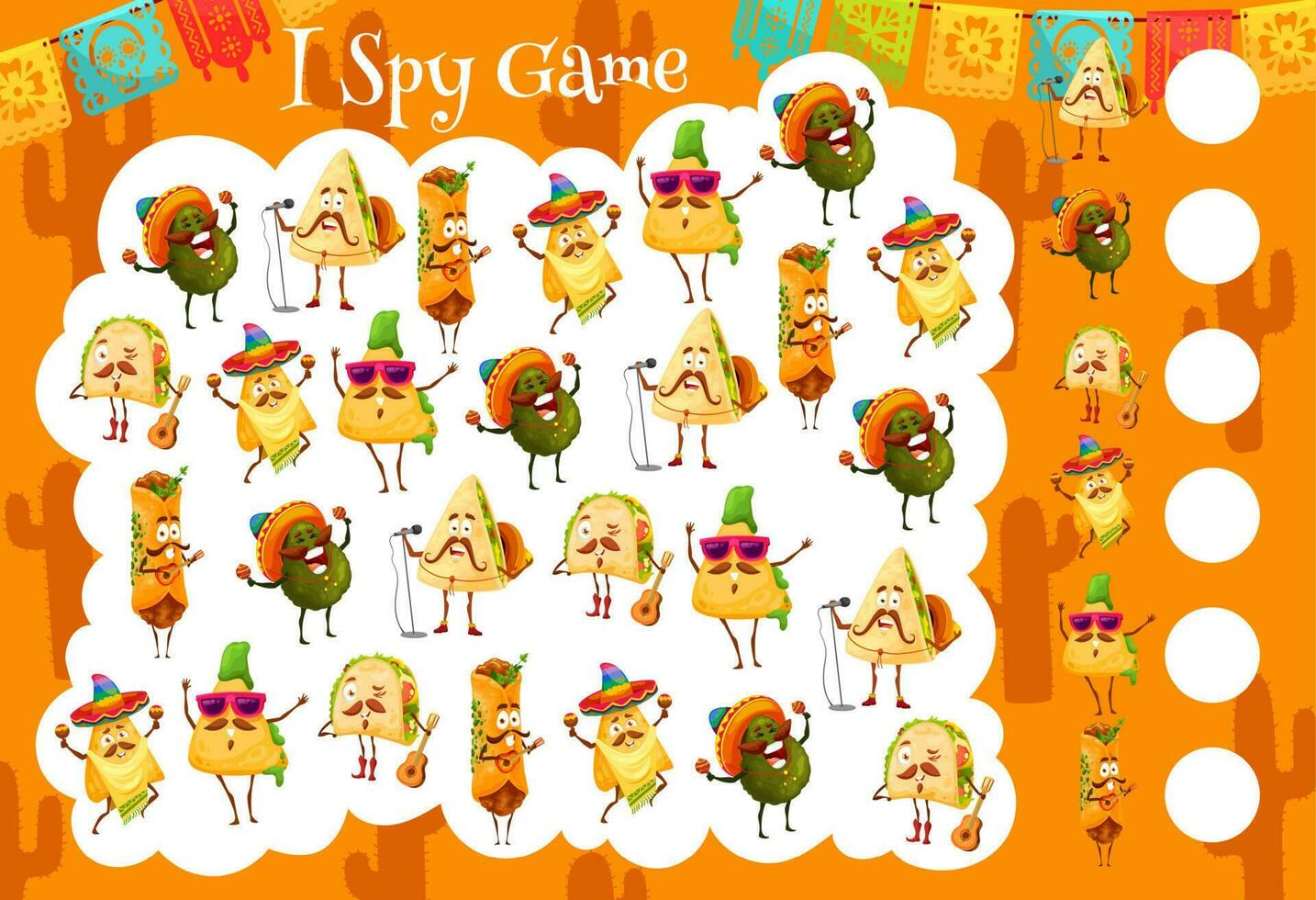 Mexican food characters, kids i spy game puzzle vector