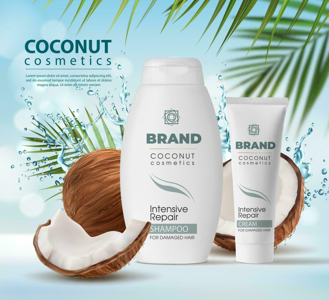 Coconut cosmetics, shampoo and cream packagings vector