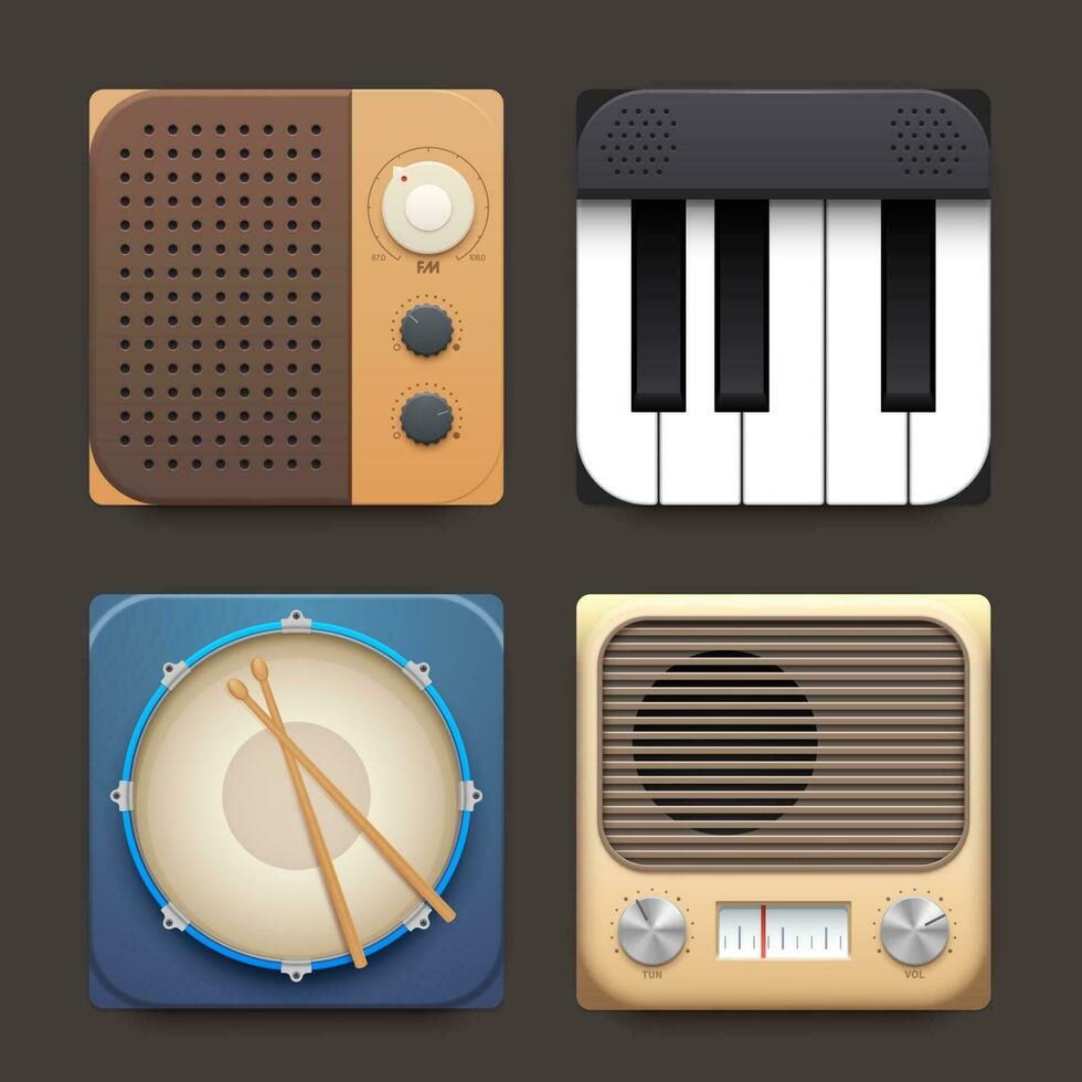 fm radio, piano y tambor música aplicación interfaz icono vector