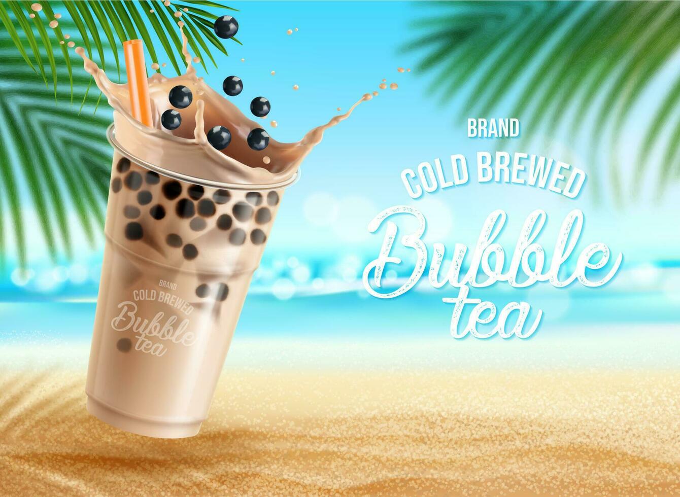 Bubble milk tea with chocolate on summer beach vector