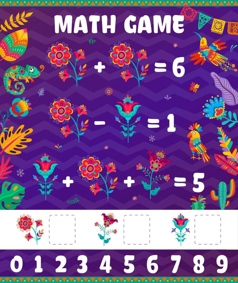 Cartoon Mexican parrot, chameleon lizard math game vector