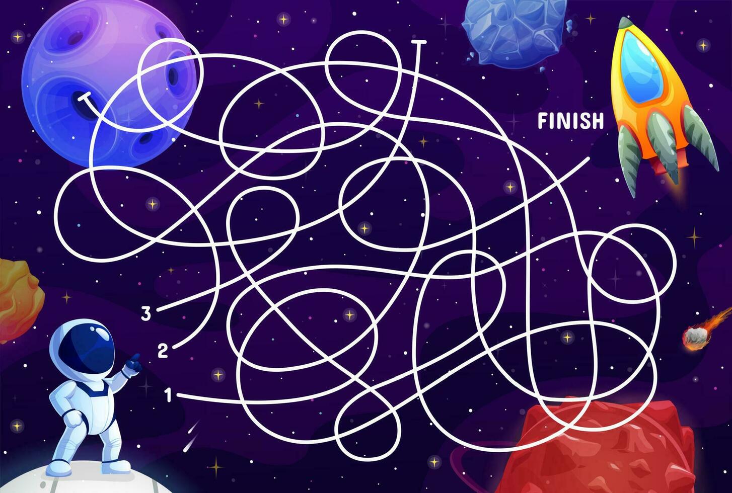 Cartoon space labyrinth maze game or puzzle quiz vector