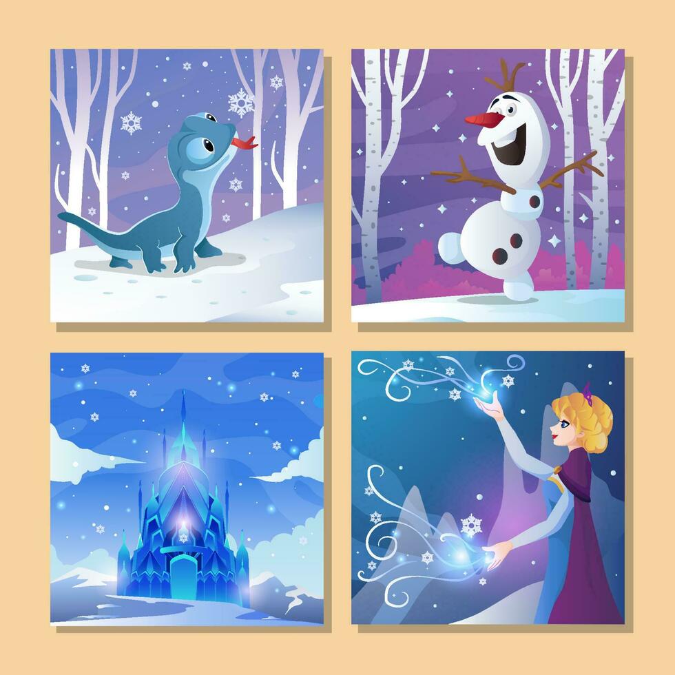 Beautiful Ice Princess with Snowman and Friends Social Media Post Collection vector