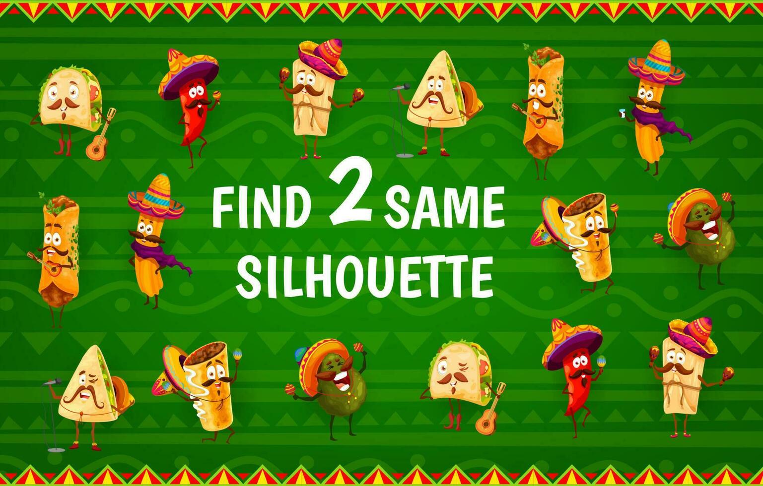 Find same silhouettes kids game with mexican food vector