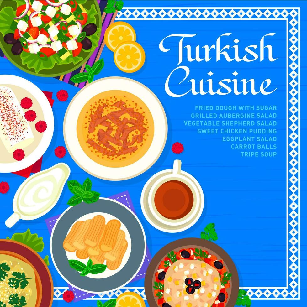 Turkish cuisine menu cover, food dishes and meals vector