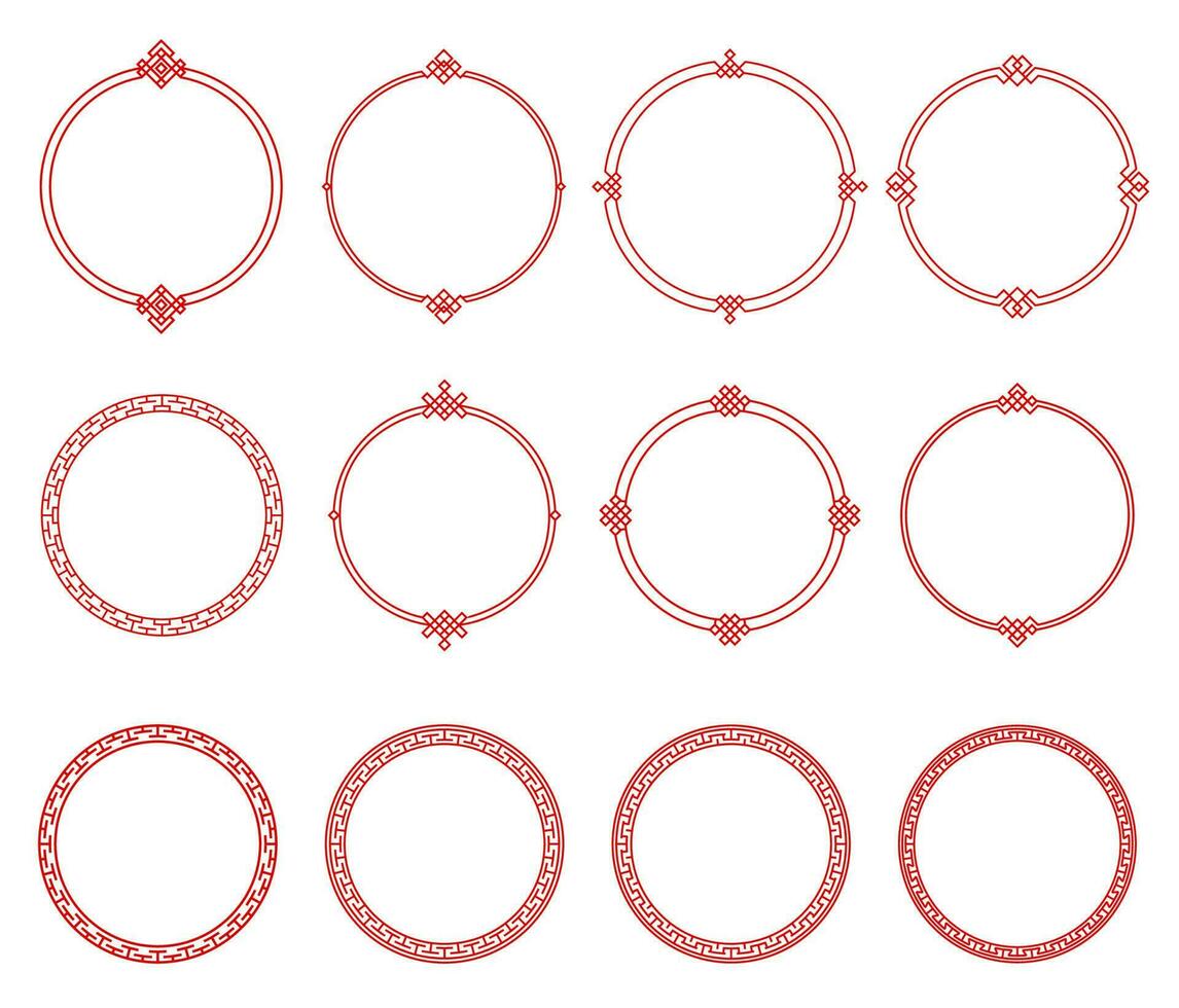 Round red asian frames, borders, oriental patterns vector