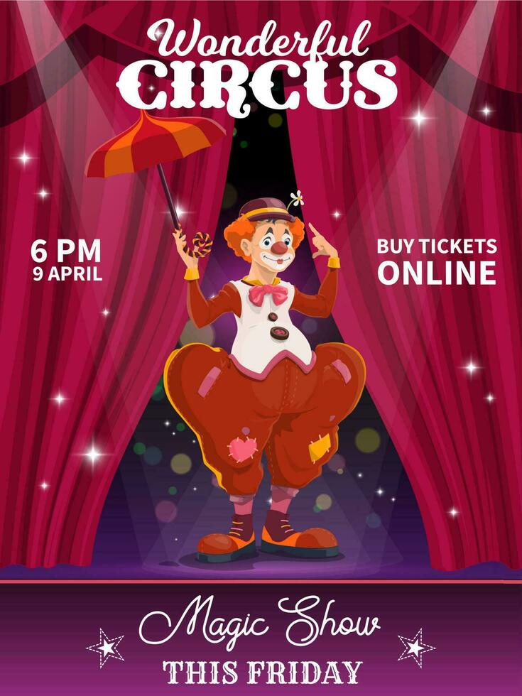 Shapito circus poster, cartoon funny clown vector