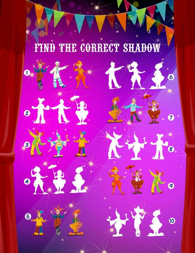 Kids maze game, find correct circus clown shadow vector