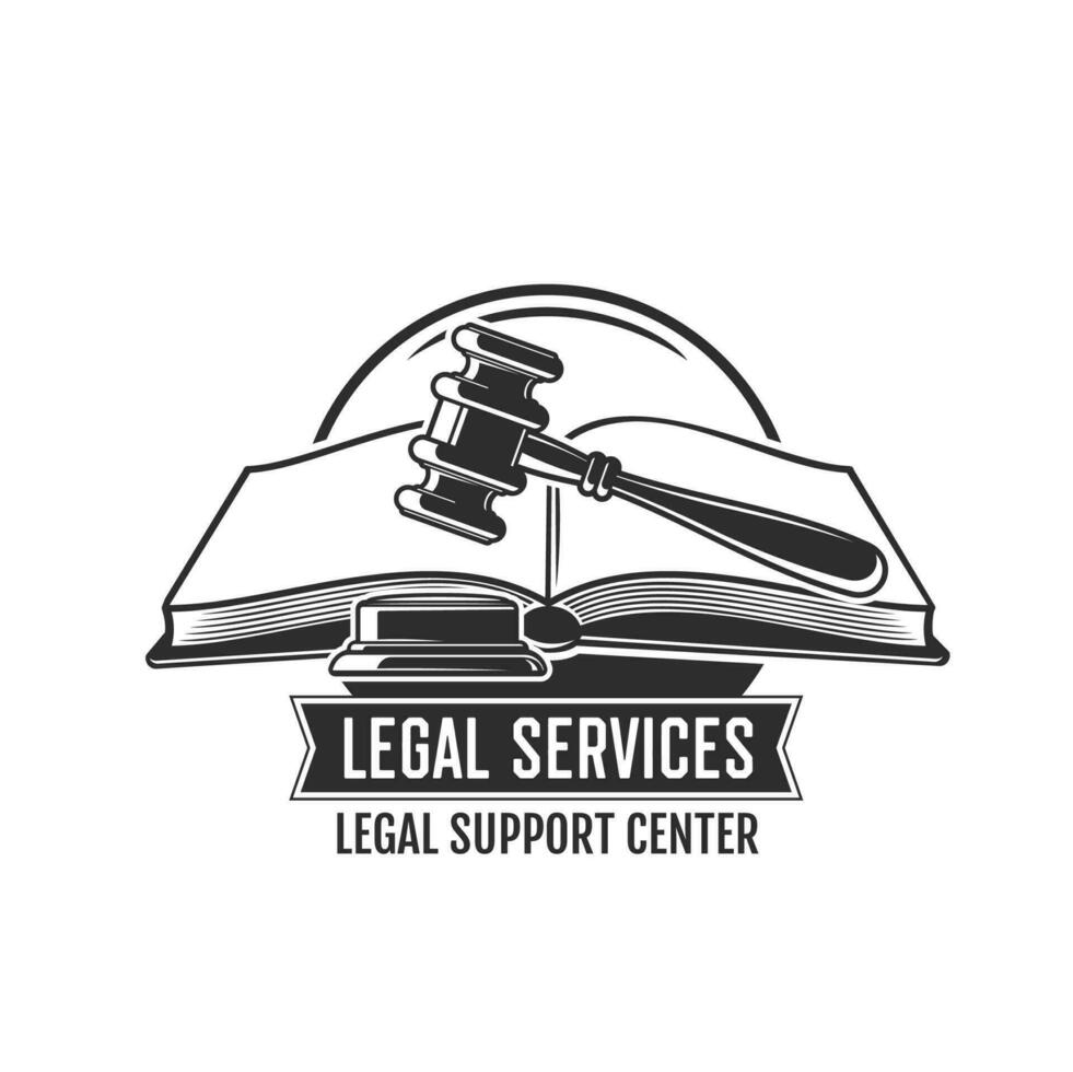 Legal service icon, judge gavel and open law book vector