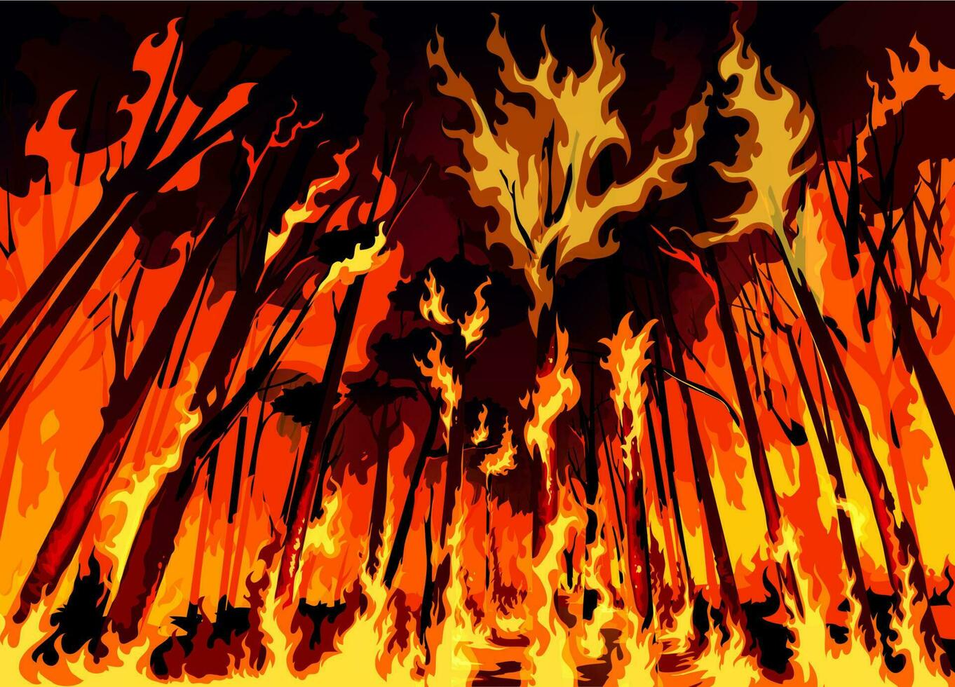 Forest fire wildfire disaster with burning trees vector