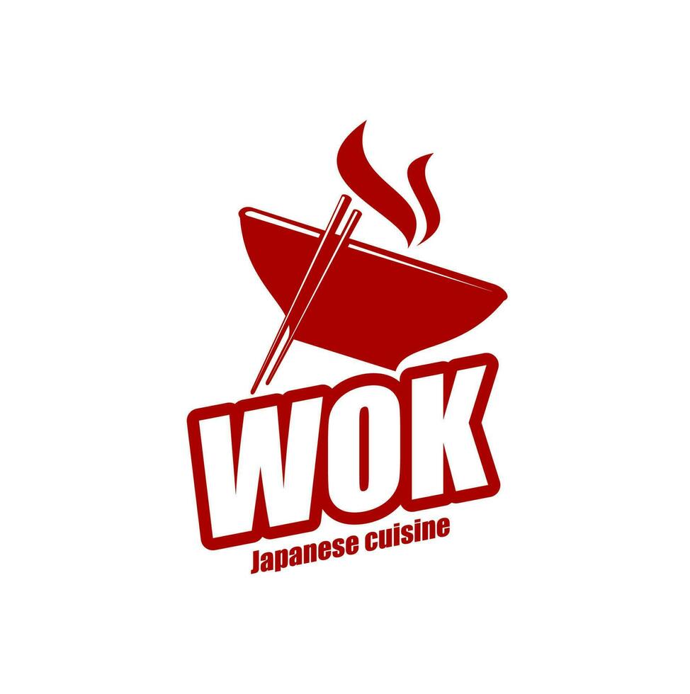 Wok pan and sticks icon, Chinese Japanese cuisine vector
