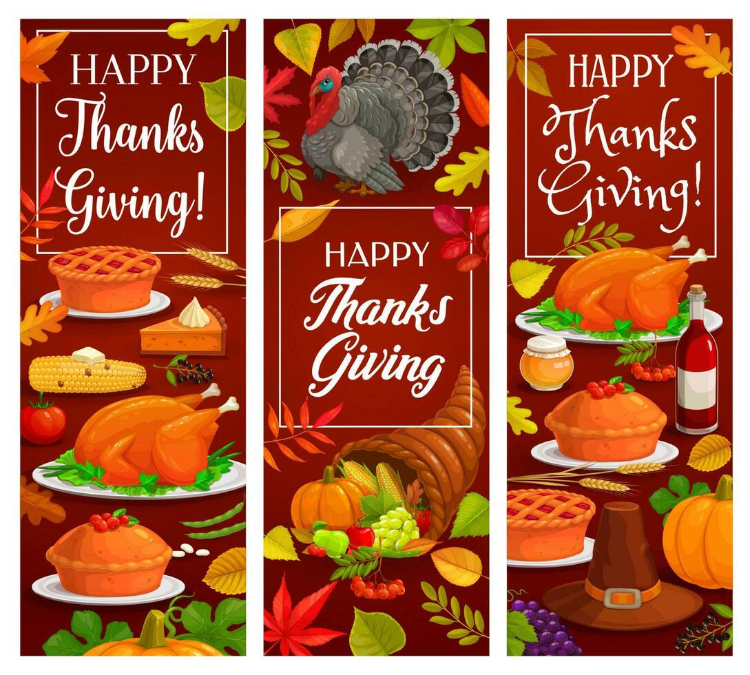 Happy Thanksgiving holiday banners of pie, turkey vector