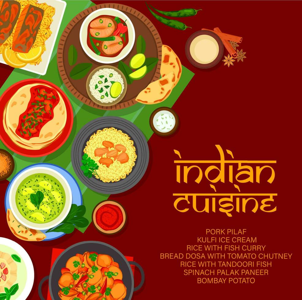 Indian restaurant menu cover, rice and fish curry vector