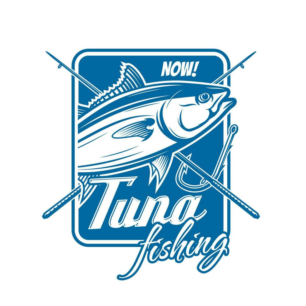 Tuna fishing icon with crossed rods, fish and hook vector