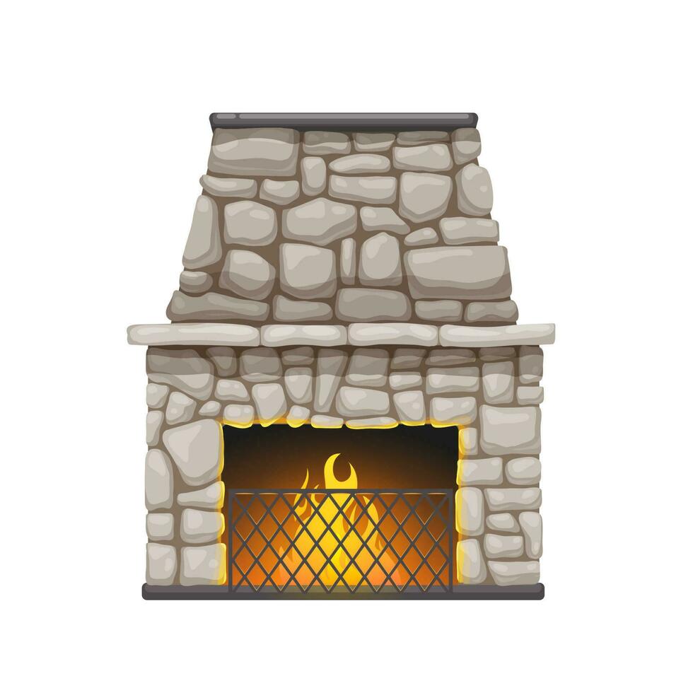 Stone fireplace, fire stove with chimney and flame vector