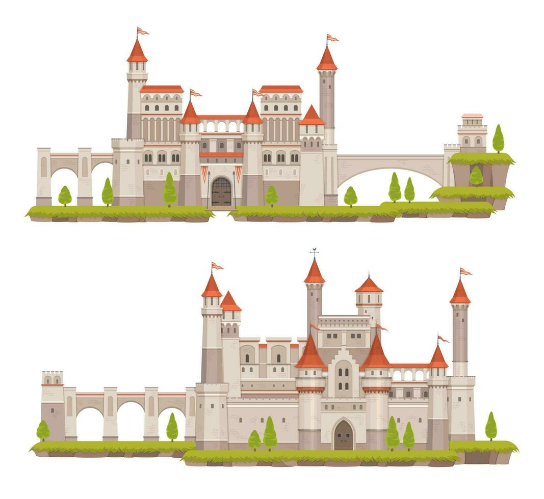 Cartoon medieval fairytale castle, towers, gates vector